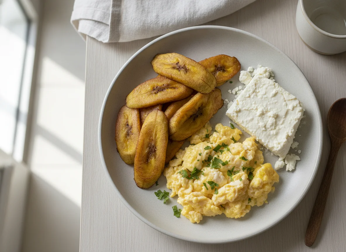 Desayuno con huevos revueltos, plátano y queso photo