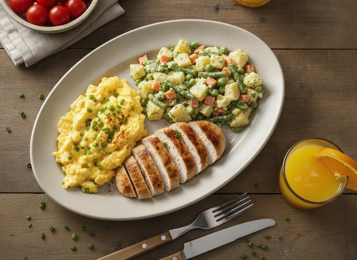 Desayuno con huevos revueltos, pollo y ensalada photo