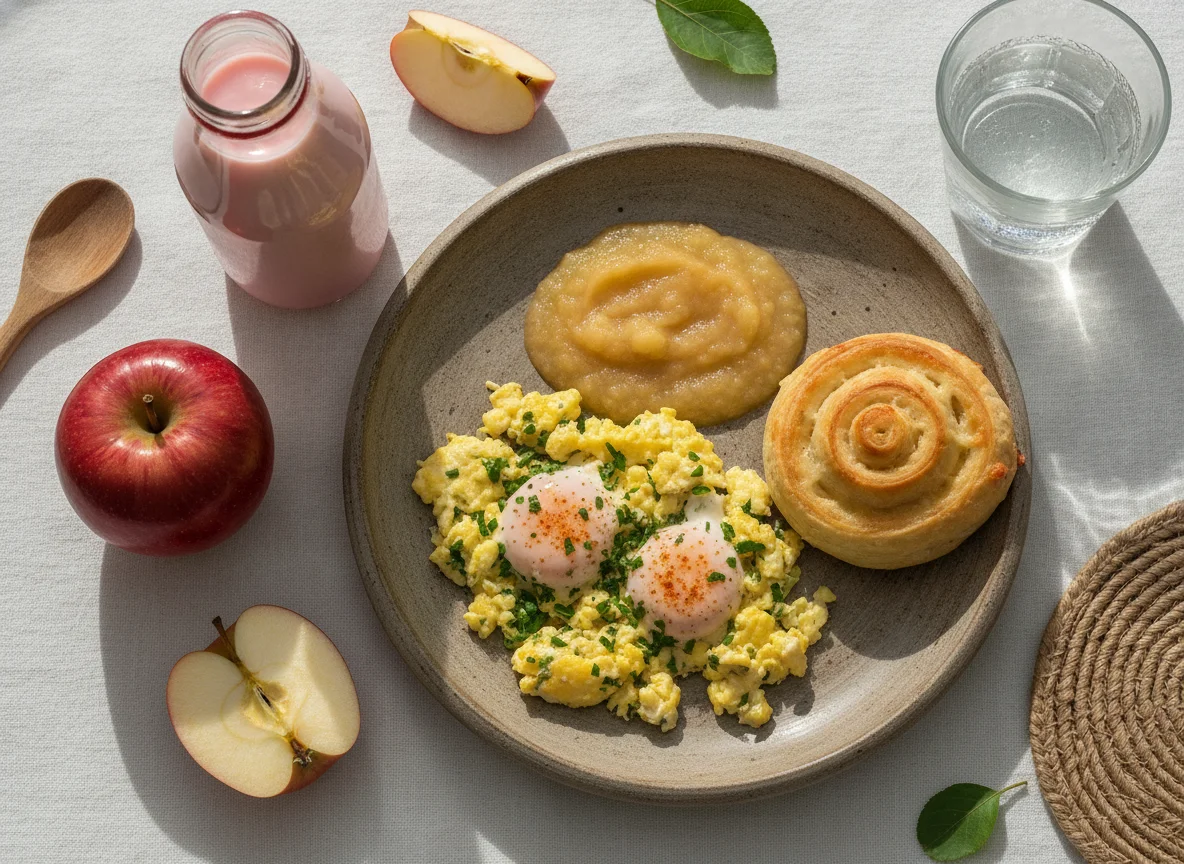 Desayuno con huevos revueltos, puré, manzana y bebidas photo