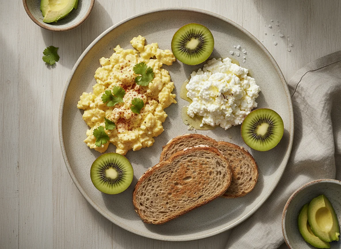Desayuno con huevos revueltos, queso cottage, kiwi y pan integral photo