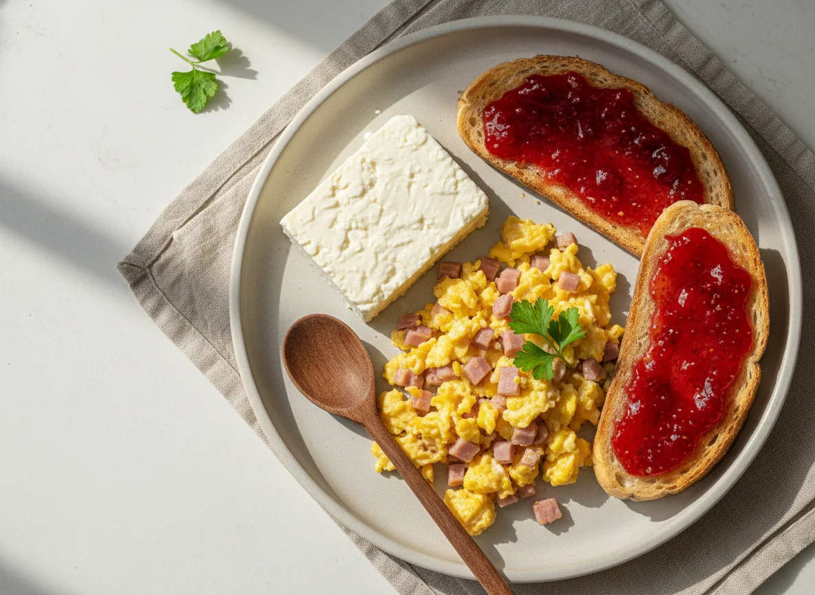 Desayuno con huevos revueltos, queso y tostadas con mermelada photo