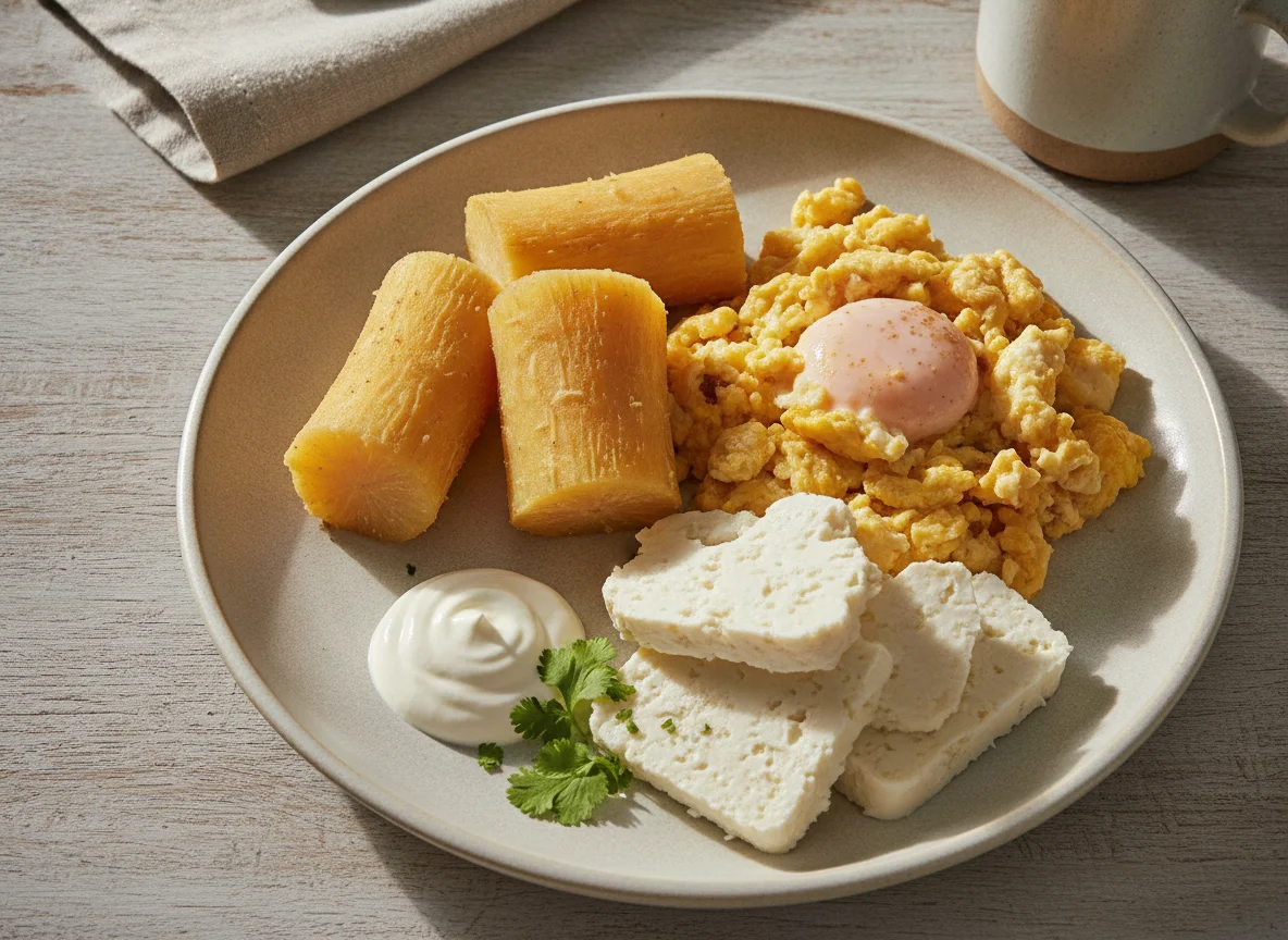 Desayuno con huevos revueltos, queso y yuca photo