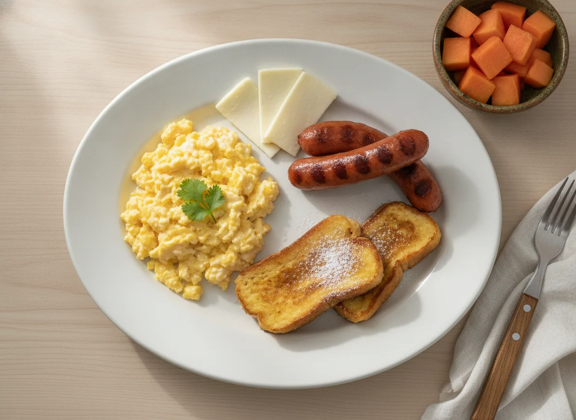 Desayuno con huevos revueltos, salchicha, tostada francesa, queso y papaya photo