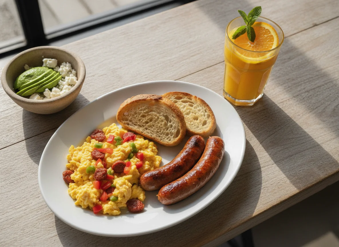 Desayuno con huevos revueltos, salchicha y jugo de naranja photo