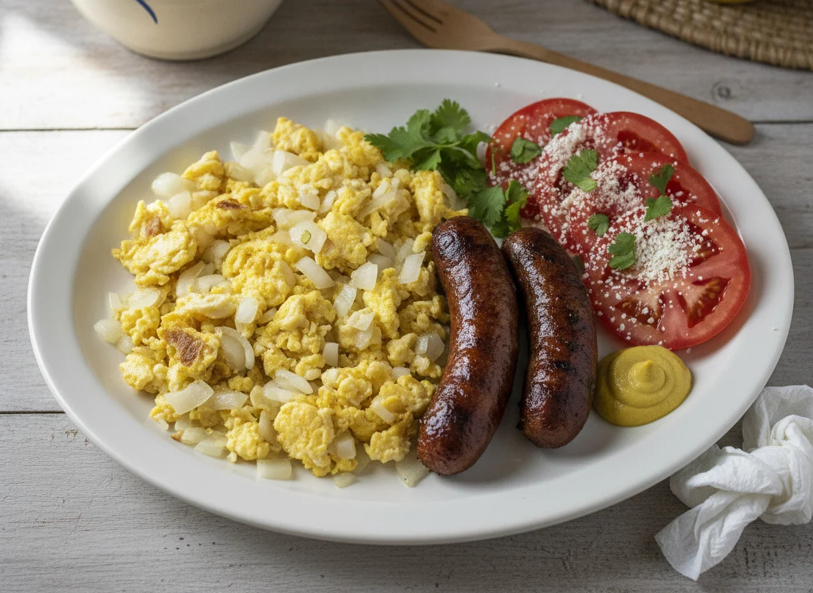 Desayuno con huevos revueltos, salchicha y tomate photo