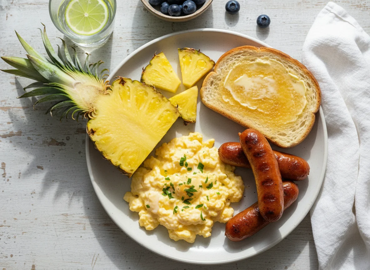 Desayuno con huevos revueltos, salchichas, tostada y piña photo