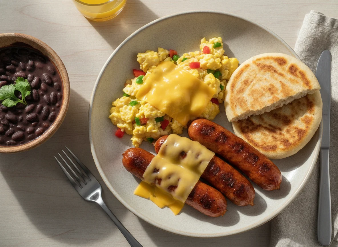 Desayuno con huevos revueltos, salchichas y queso photo