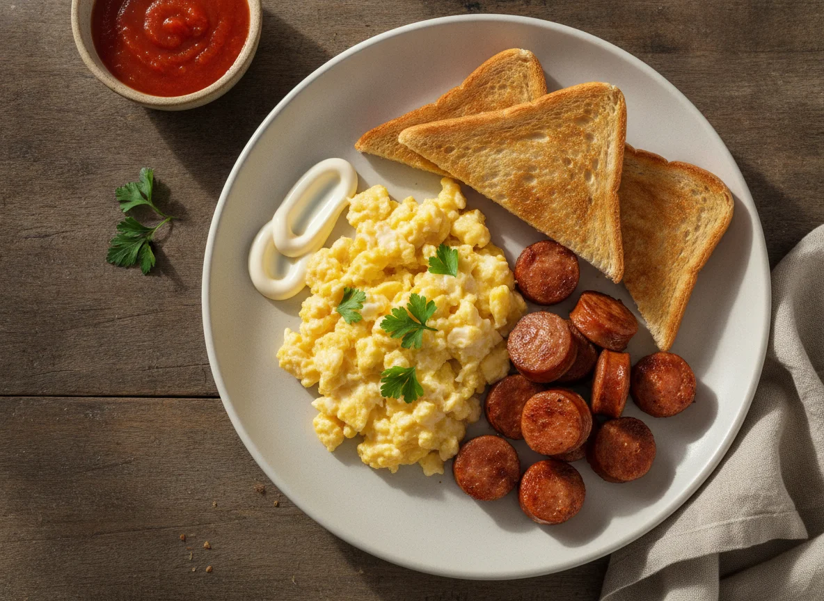 Desayuno con huevos revueltos, salchichas y tostada photo