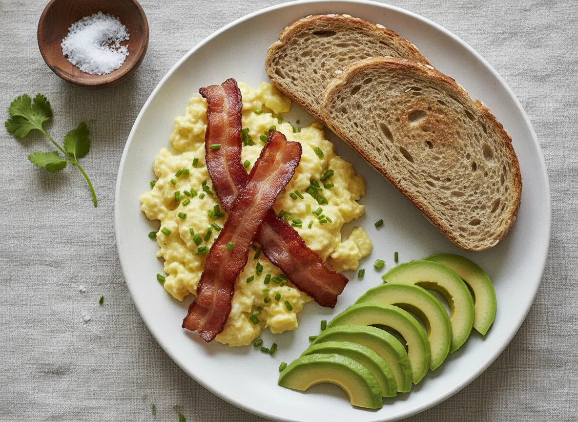 Desayuno con huevos revueltos, tocineta, aguacate y pan integral photo