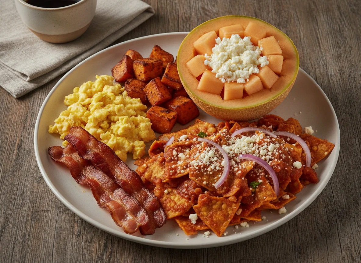 Desayuno con huevos revueltos, tocino, camote, melón con requesón y chilaquiles photo