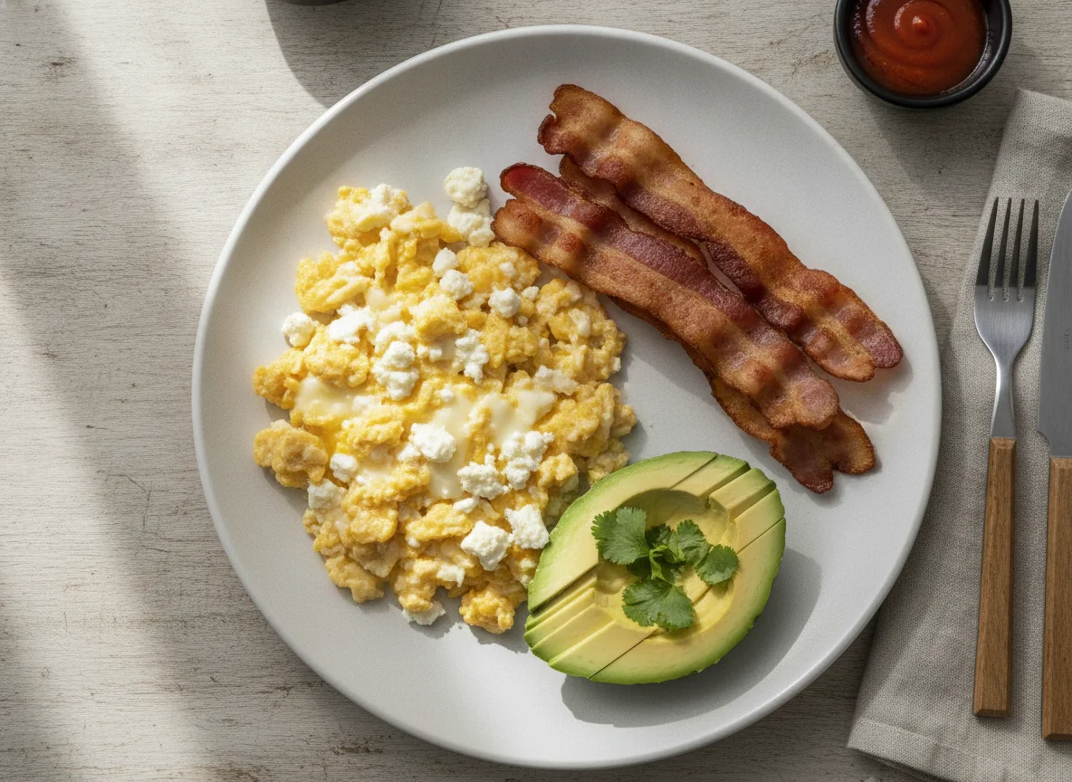 Desayuno con huevos revueltos, tocino y palta photo