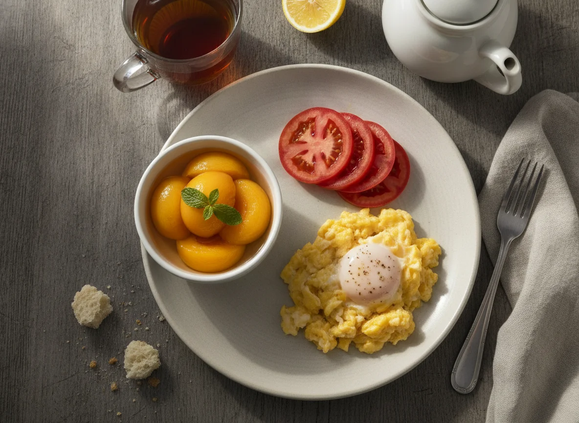 Desayuno con huevos revueltos, tomate, duraznos en almíbar y té photo
