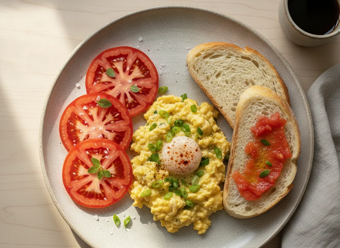 Desayuno con huevos revueltos, tomate y pan photo