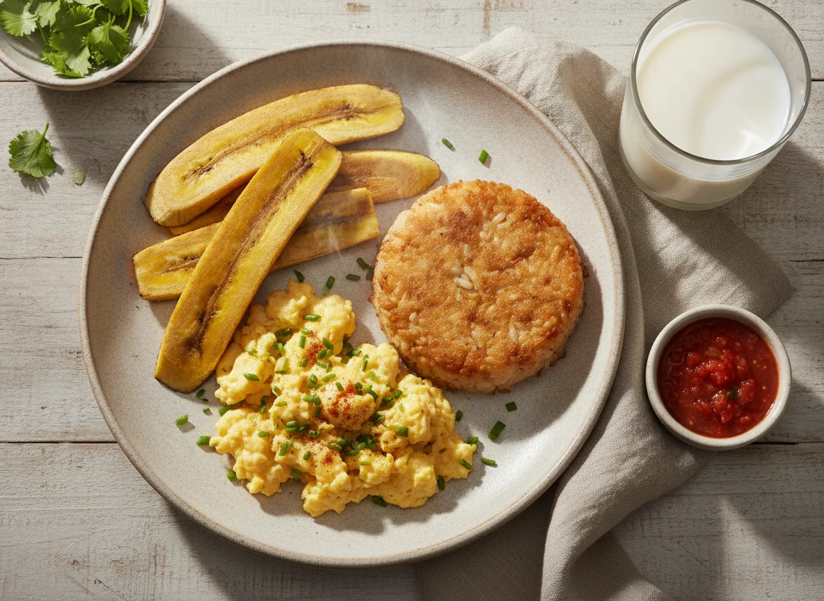 Desayuno con huevos revueltos, torta de arroz, leche y plátano photo