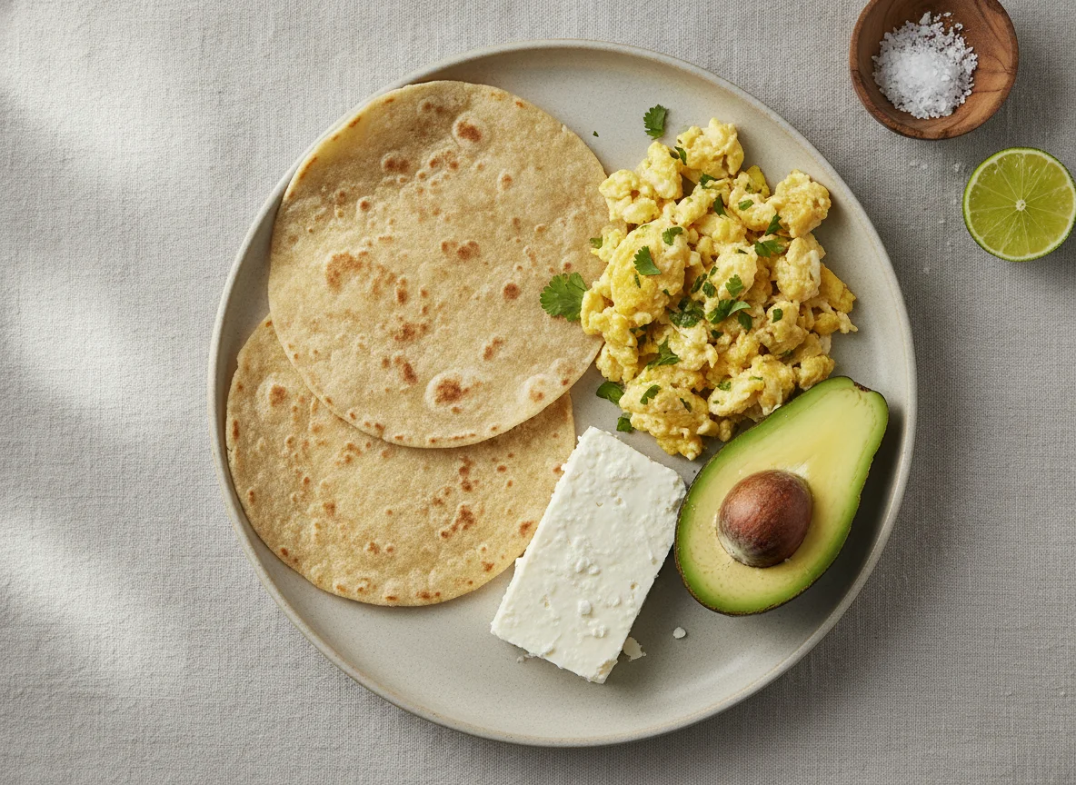 Desayuno con huevos revueltos, tortilla, queso y aguacate photo