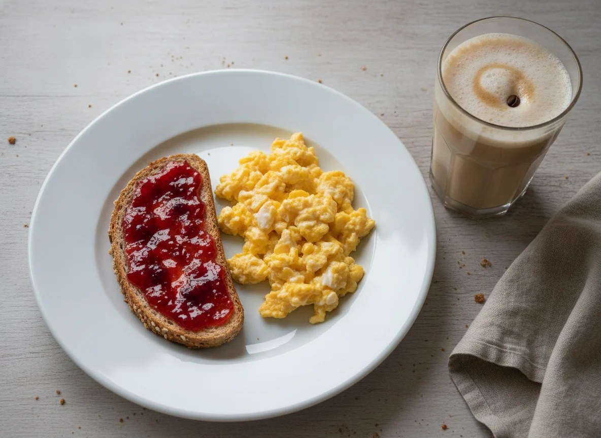 Desayuno con huevos revueltos, tostada con mermelada y bebida proteica photo