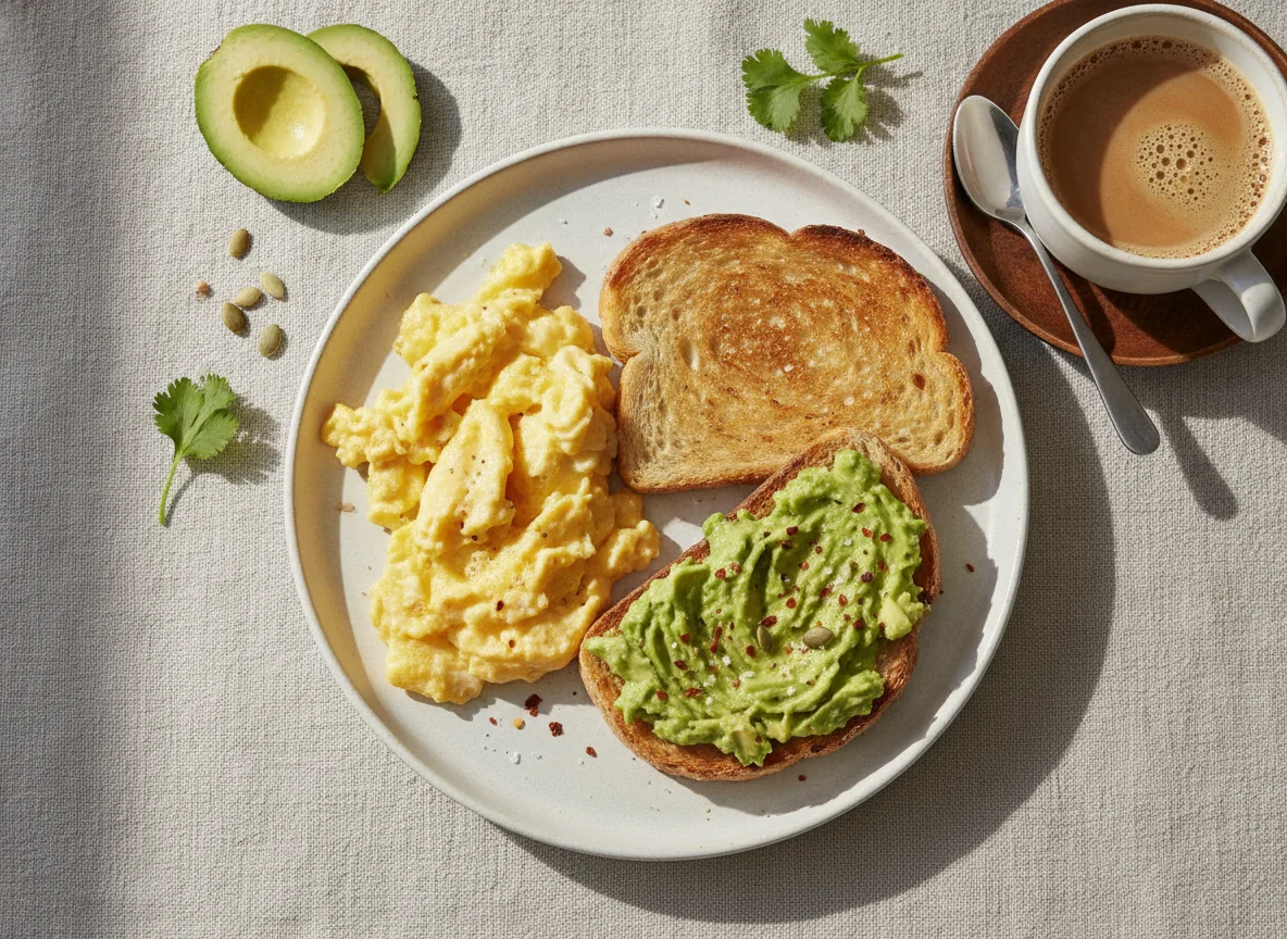 Desayuno con huevos revueltos, tostada con palta y café con leche photo