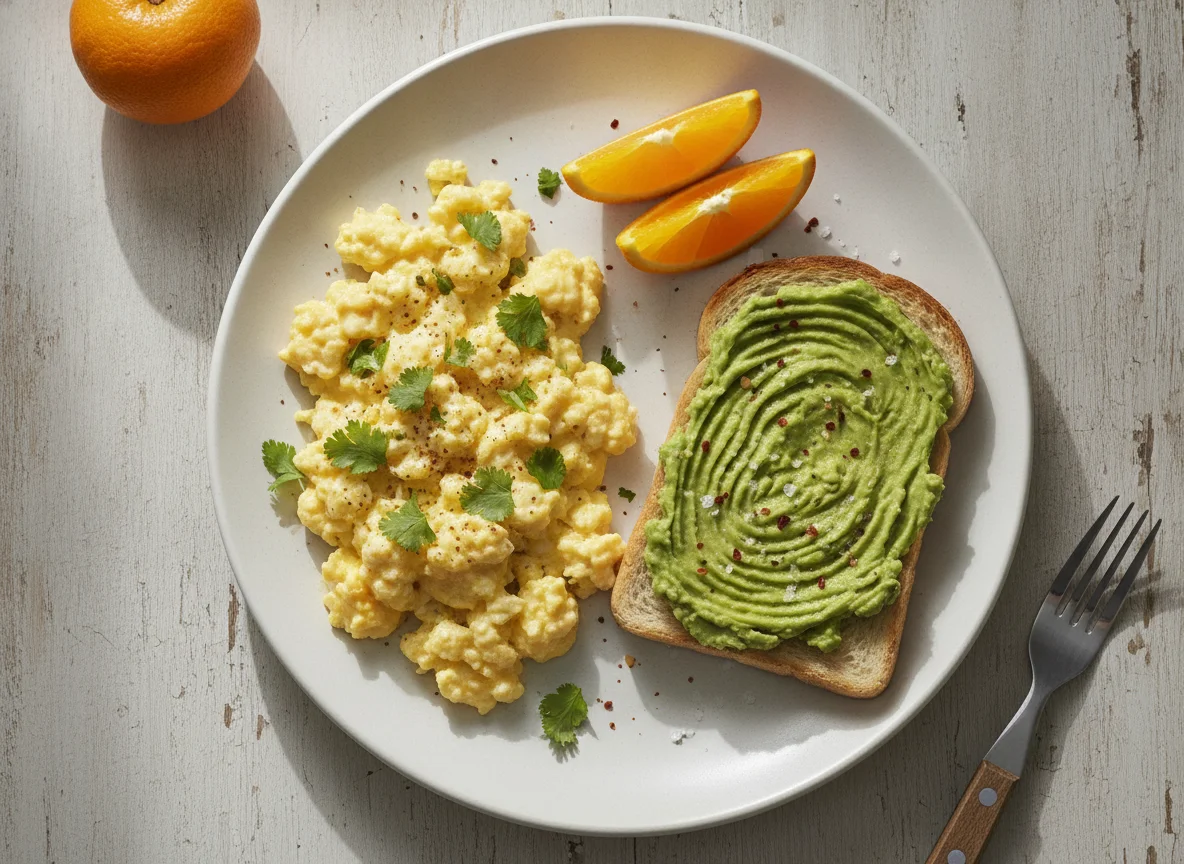 Desayuno con huevos revueltos, tostada con palta y naranja photo