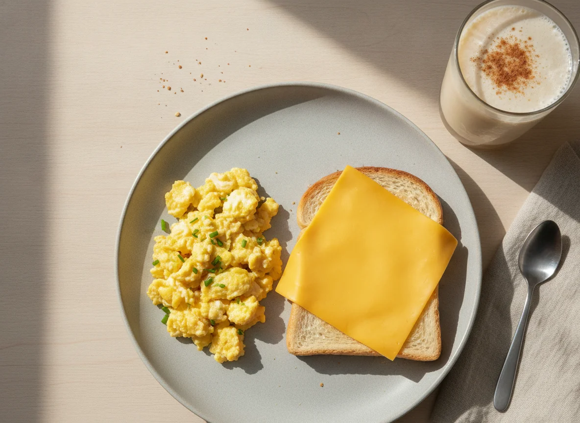 Desayuno con huevos revueltos, tostada con queso y batido photo