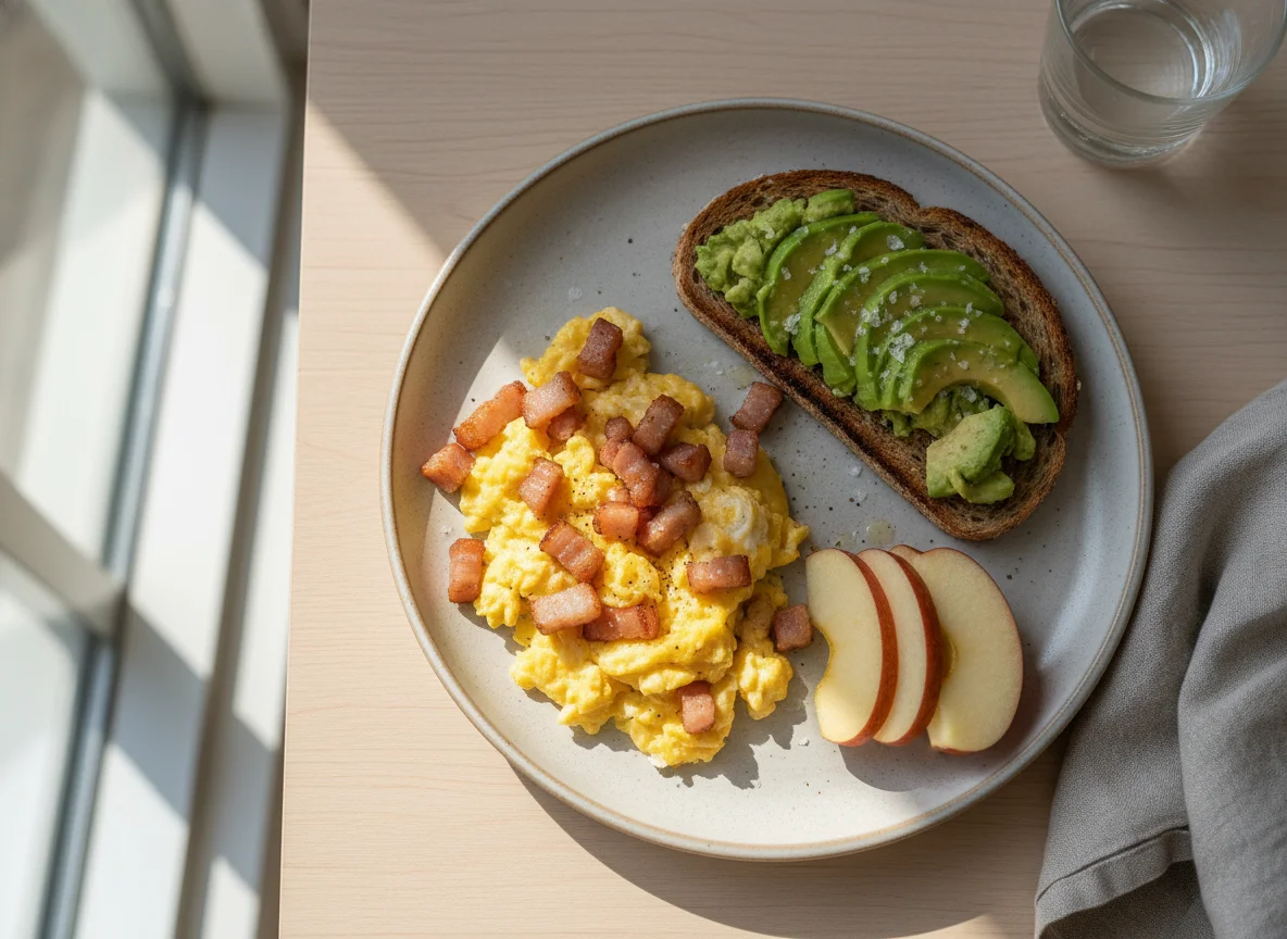 Desayuno con huevos revueltos, tostada de aguacate y manzana photo