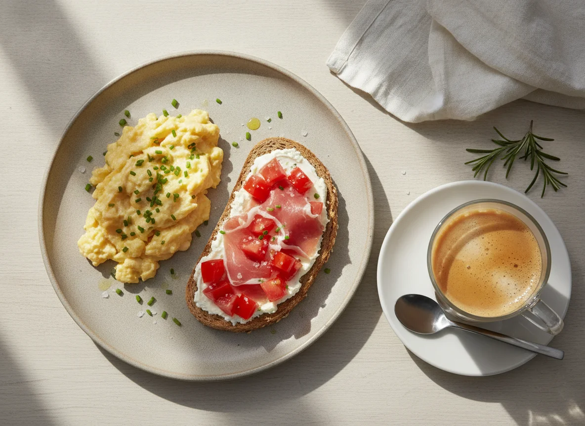 Desayuno con huevos revueltos, tostada de jamón y tomate, y café con leche photo