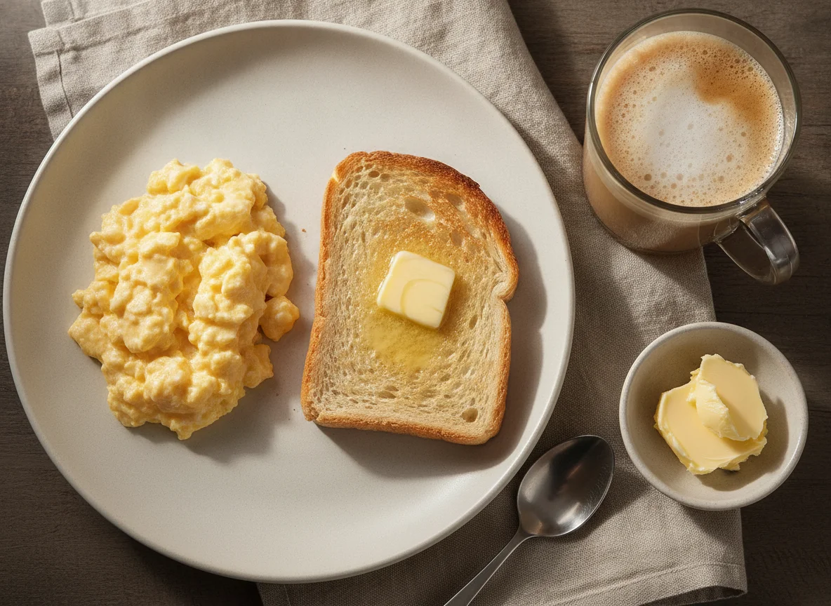 Desayuno con huevos revueltos, tostada y café con leche photo