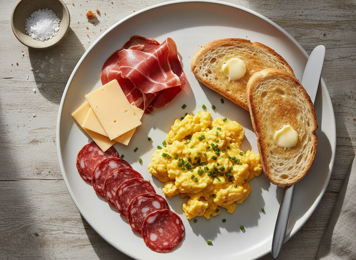 Desayuno con huevos revueltos, tostada y embutidos photo
