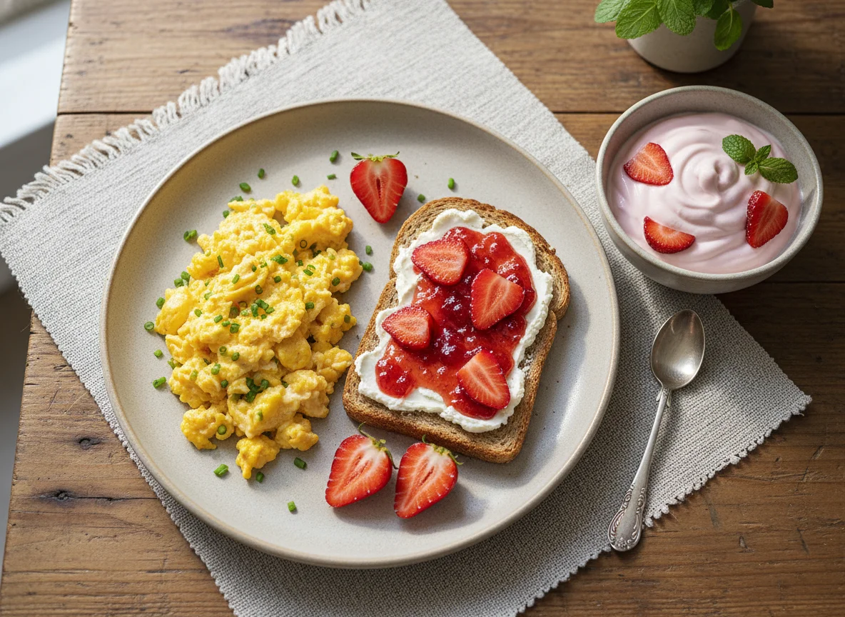 Desayuno con huevos revueltos, tostada y fruta photo