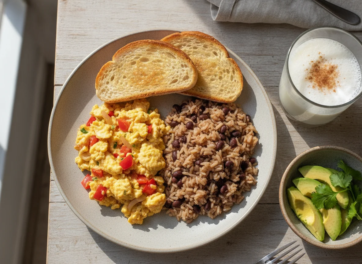 Desayuno con huevos revueltos, tostadas, arroz y bebida photo