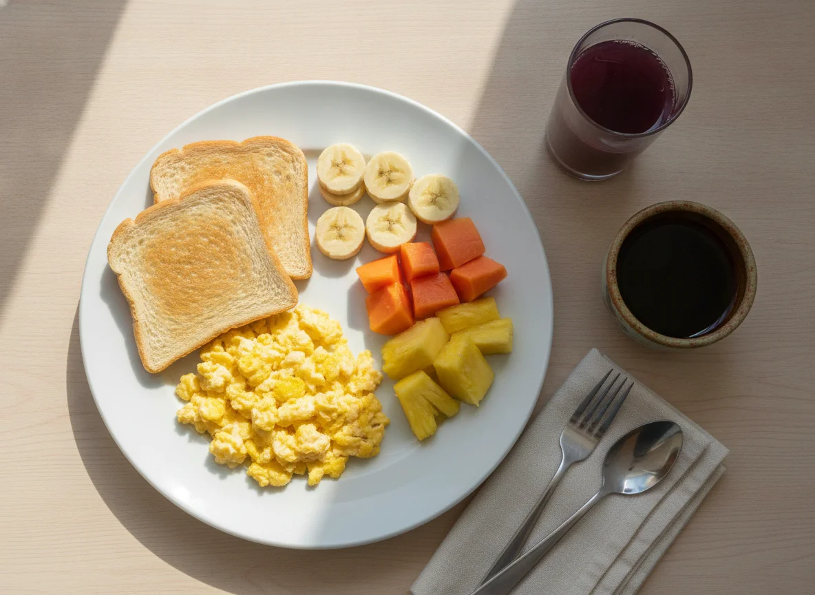 Desayuno con huevos revueltos, tostadas, frutas y café photo