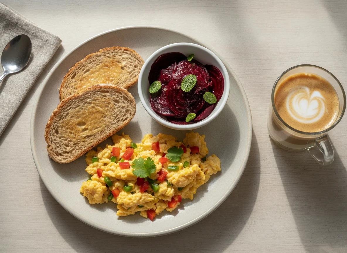 Desayuno con huevos revueltos, tostadas y bebida photo