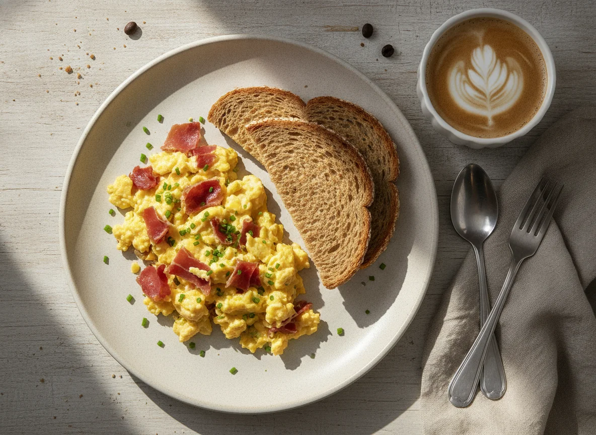 Desayuno con huevos revueltos, tostadas y café photo