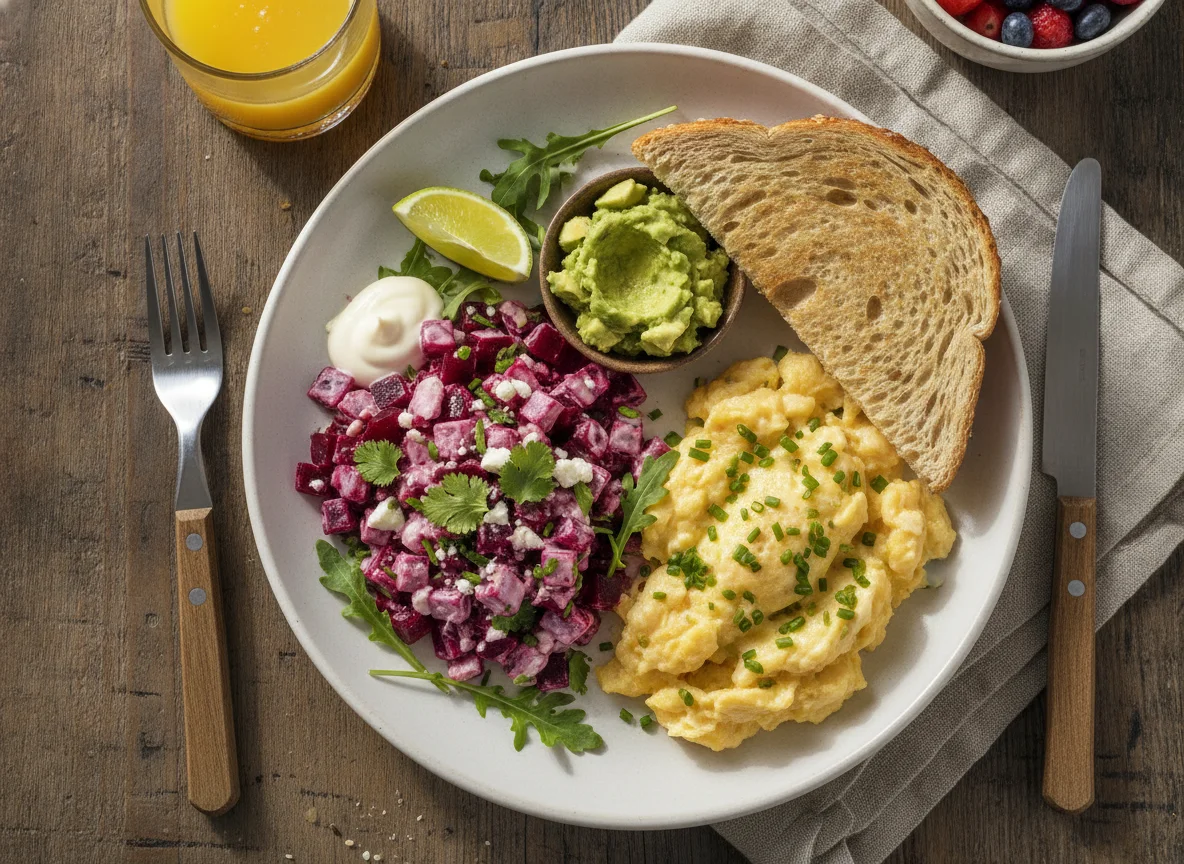Desayuno con huevos revueltos, tostadas y ensalada de remolacha photo