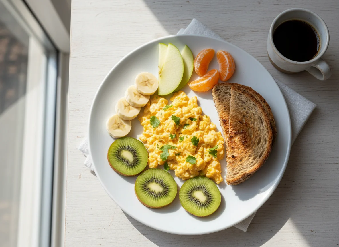 Desayuno con huevos revueltos, tostadas y frutas photo