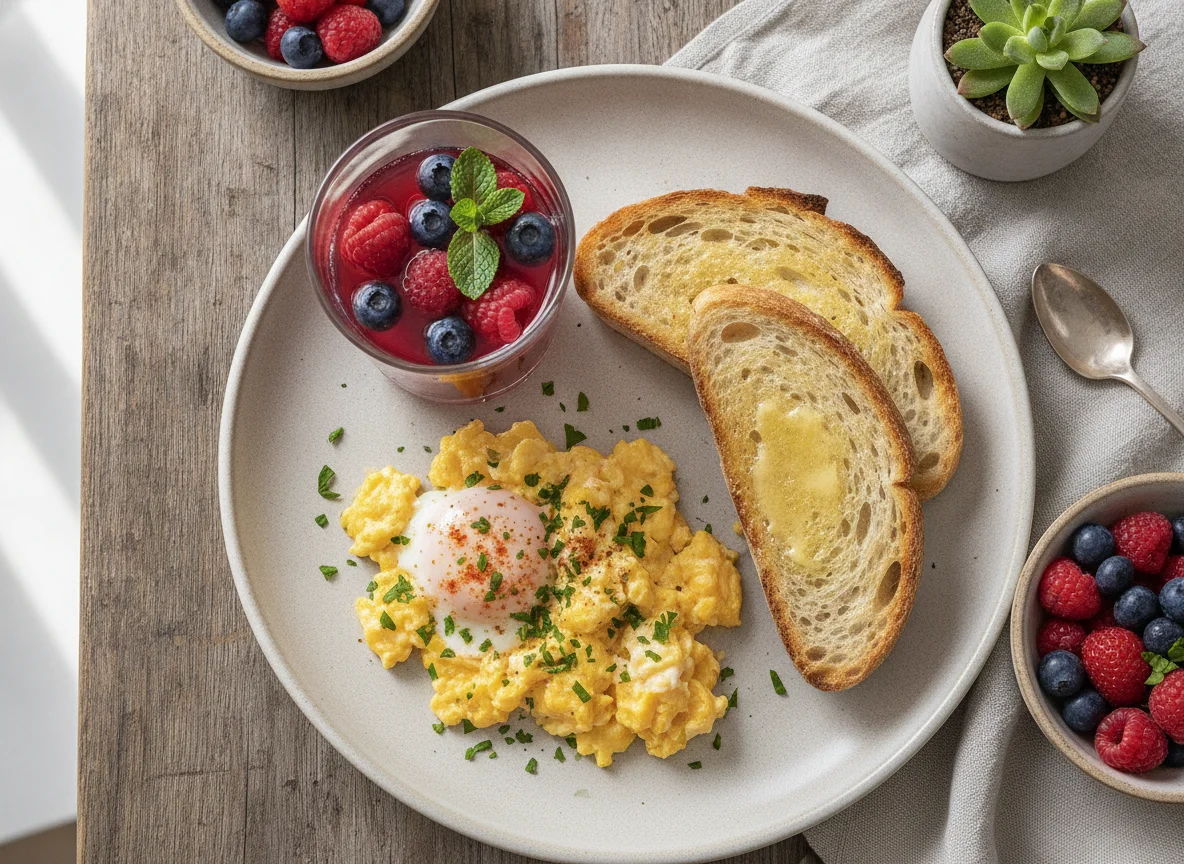 Desayuno con huevos revueltos, tostadas y jugo photo