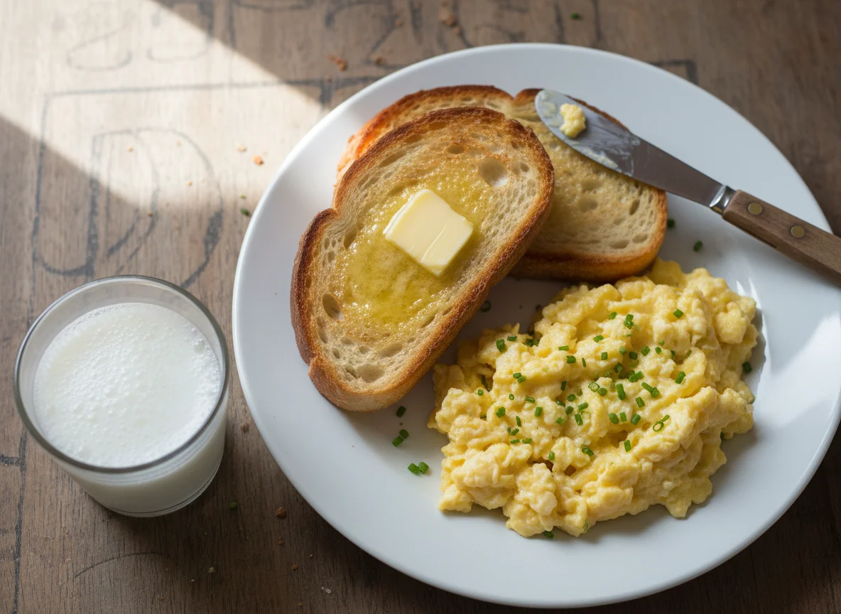 Desayuno con huevos revueltos, tostadas y leche photo