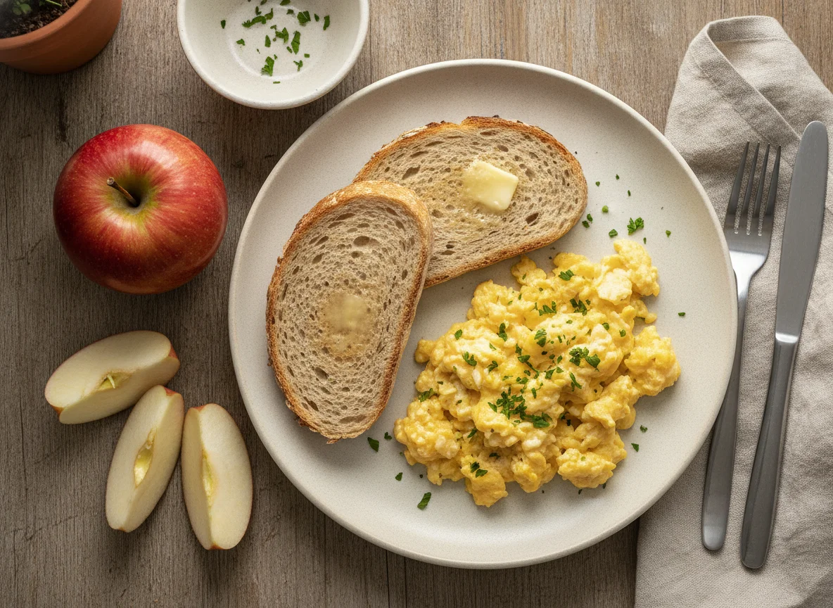 Desayuno con huevos revueltos, tostadas y manzana photo