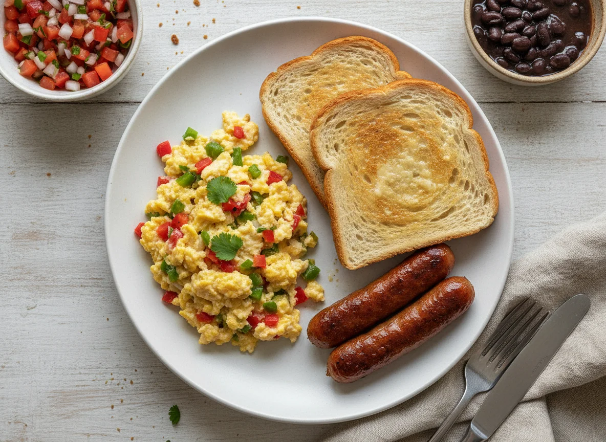 Desayuno con huevos revueltos, tostadas y salchichas photo
