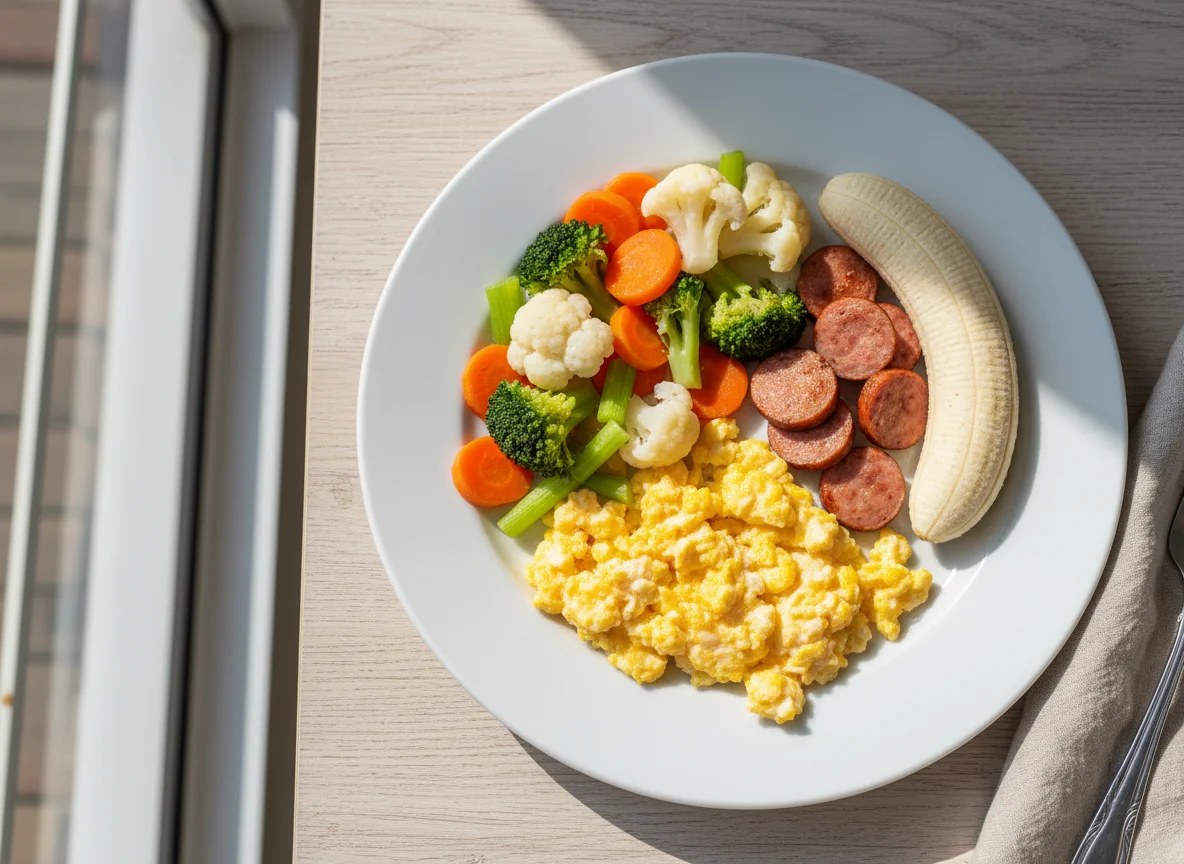 Desayuno con huevos revueltos, verduras y plátano photo