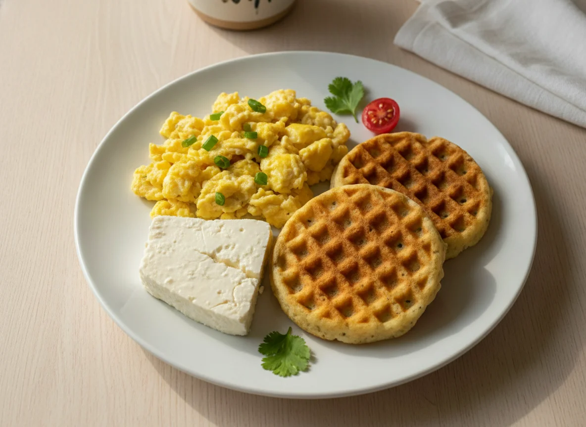 Desayuno con huevos revueltos, waffle de pandeyuca y queso photo