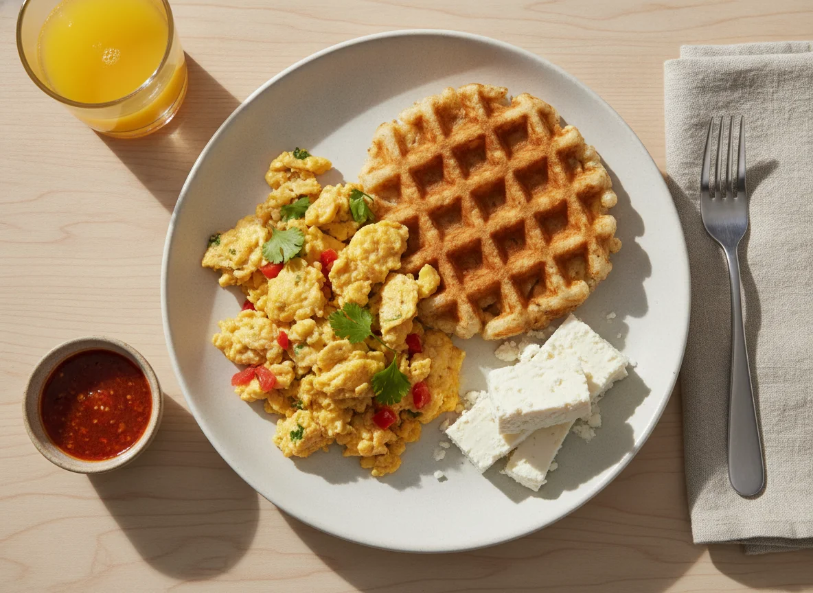 Desayuno con huevos revueltos, waffle y queso photo