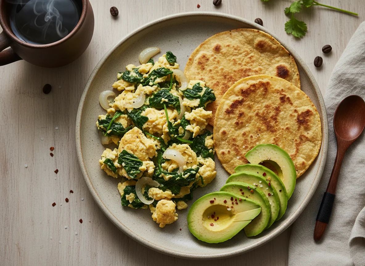 Desayuno con huevos revueltos y aguacate photo