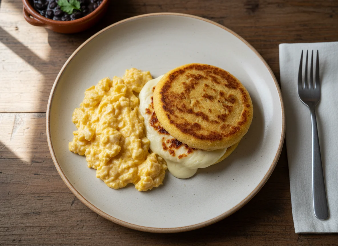 Desayuno con huevos revueltos y arepa con queso photo