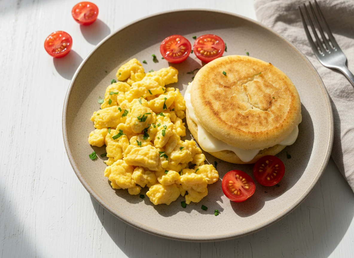 Desayuno con huevos revueltos y arepa de queso photo