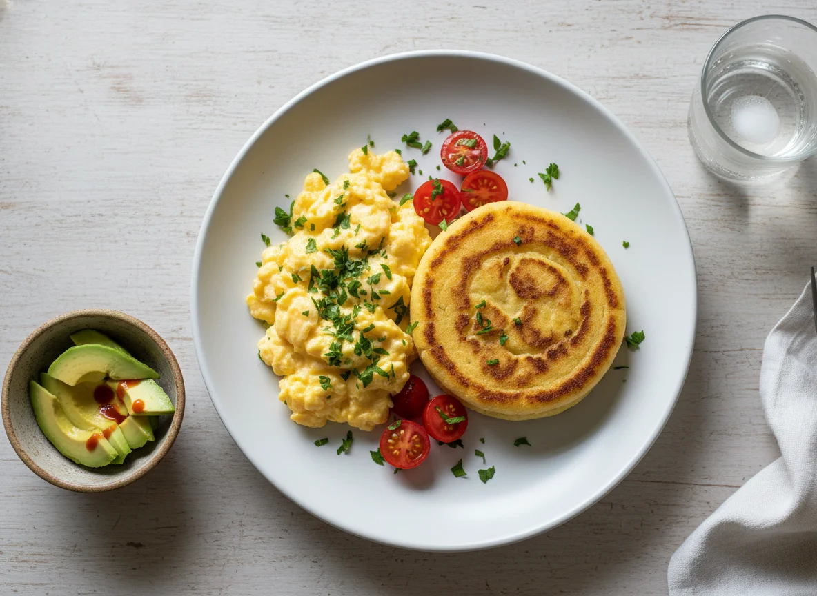 Desayuno con huevos revueltos y arepa photo