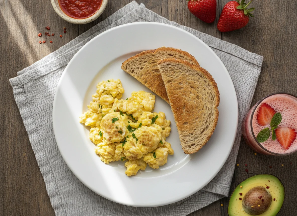 Desayuno con huevos revueltos y bebida de fresa photo