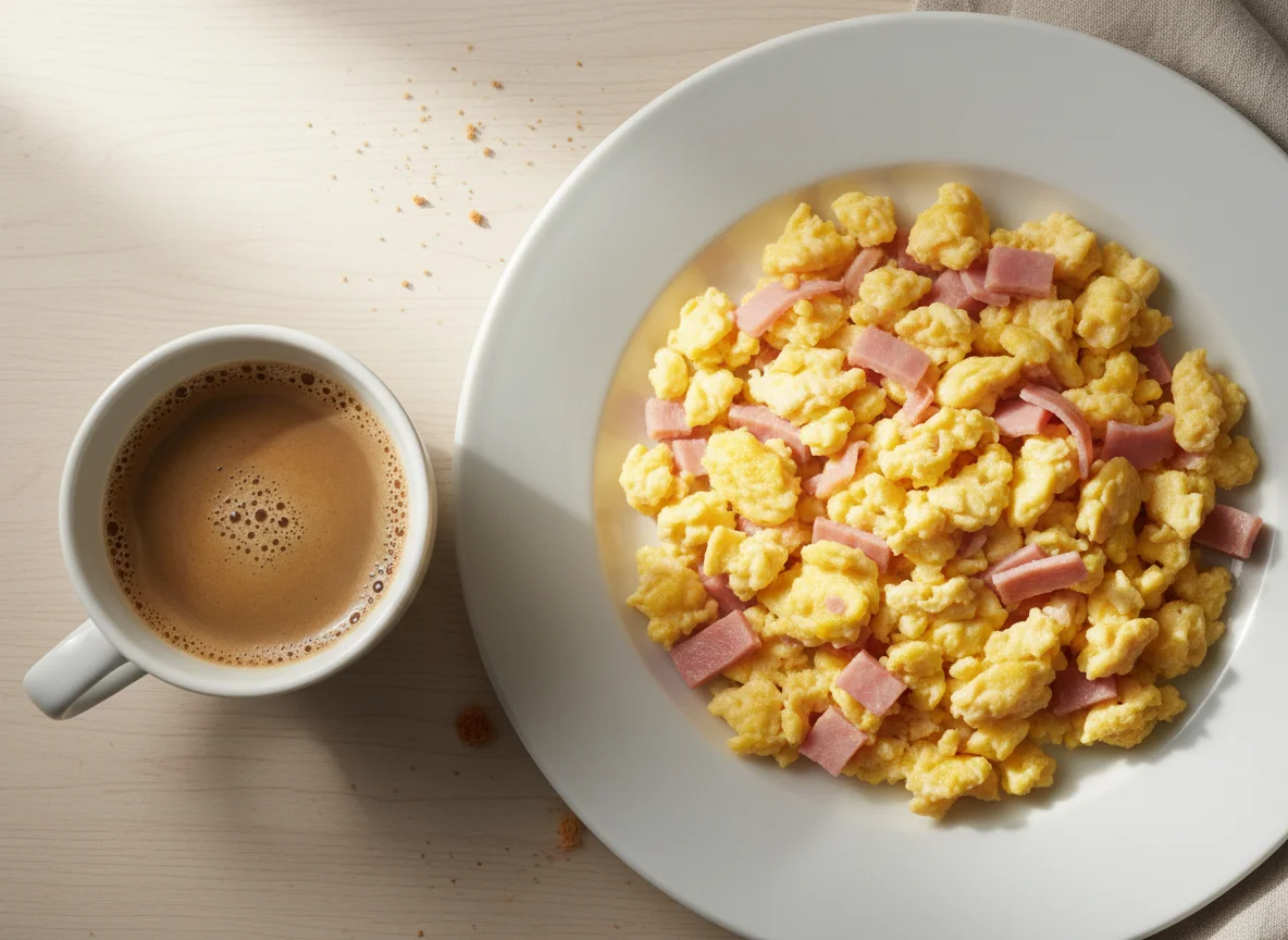 Desayuno con huevos revueltos y café con leche photo