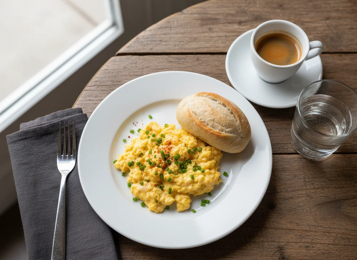 Desayuno con huevos revueltos y café photo