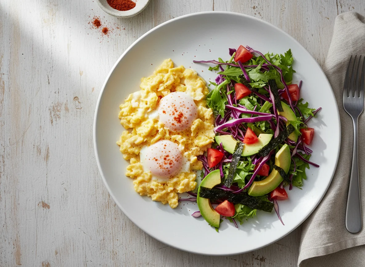 Desayuno con huevos revueltos y ensalada photo