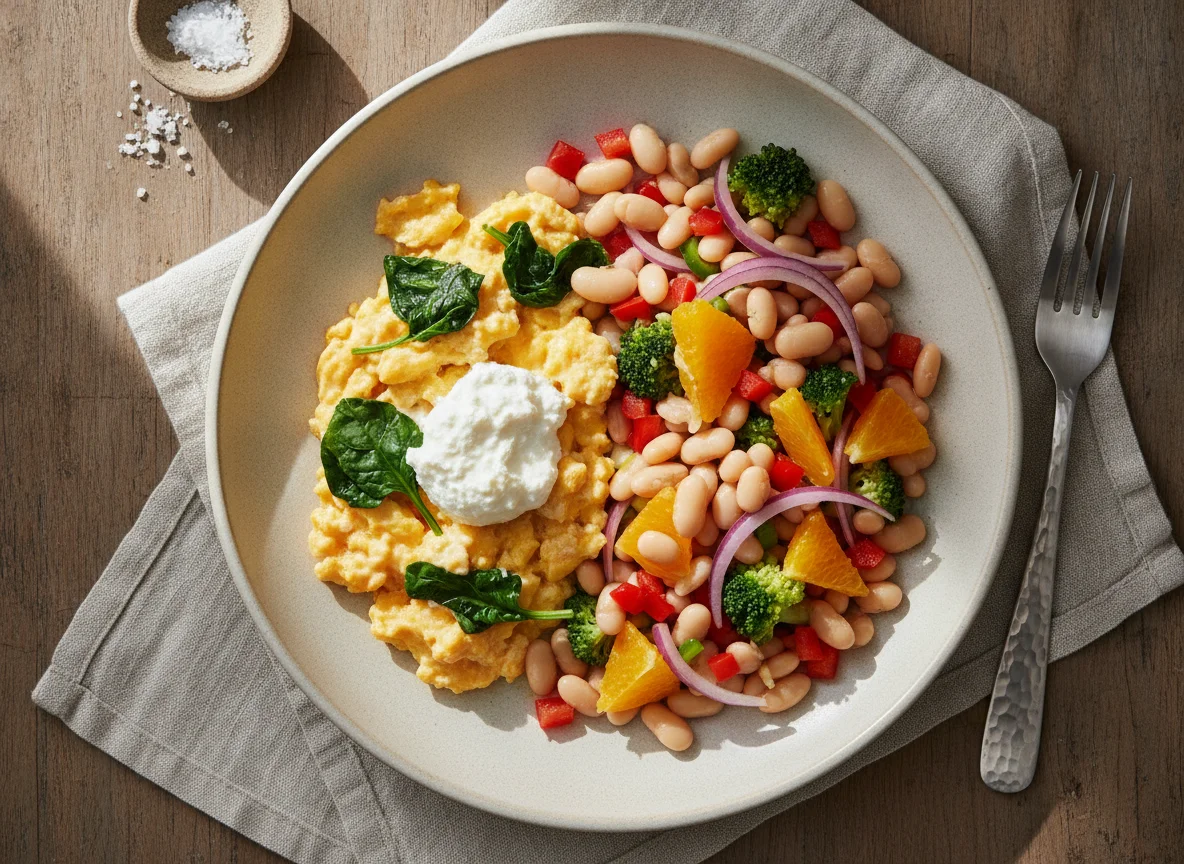 Desayuno con huevos revueltos y ensalada de legumbres photo
